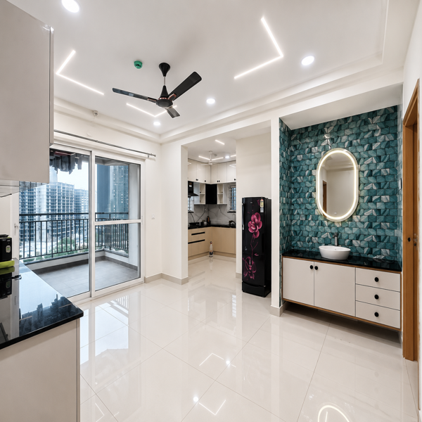 Modern apartment, luxury interior, contemporary home, spacious living room, elegant living space, open plan interior, modern home decor, stylish apartment, premium residential interior, bright interior, white walls, glossy tiled flooring, polished floor, false ceiling, LED strip lighting, recessed ceiling lights, ceiling fan, modular kitchen, open kitchen, kitchen cabinets, black countertop, marble backsplash, kitchen area, glass sliding doors, large windows, balcony, balcony railing, city view, high rise buildings, urban apartment, bathroom vanity, wall mounted wash basin, decorative wall, textured accent wall, teal stone wall, illuminated mirror, oval mirror, modern vanity unit, storage drawers, white cabinets, wooden door, wooden accents, wooden partition, room divider, indoor architecture, minimalist design, clean interior, neat home, luxury real estate, residential property, modern lifestyle, spacious apartment, contemporary architecture.